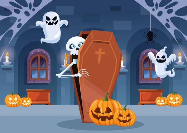 Halloween dark scene with skeleton in coffin — 스톡 벡터