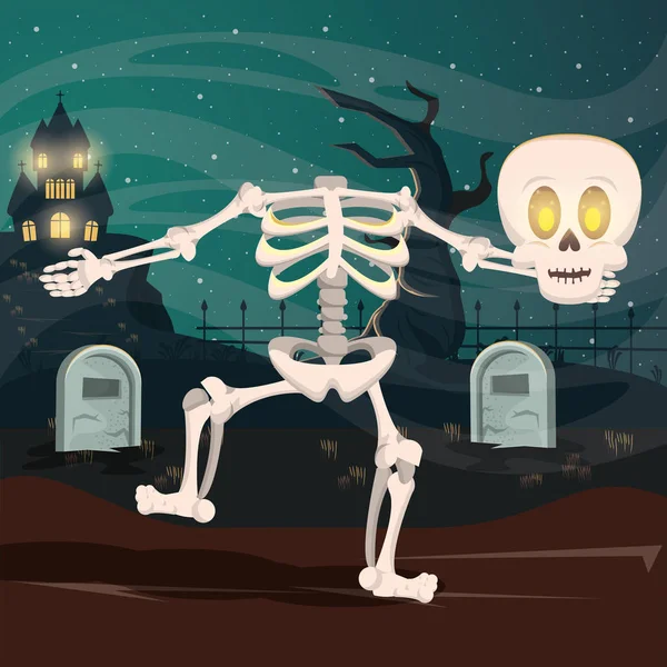 Halloween escuro cena com esqueleto no cemitério — Vetor de Stock
