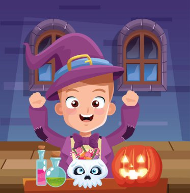 Çocuk sihirbaz kılığında karanlık cadılar bayramı sahnesi