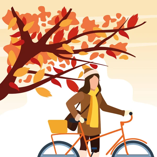 Hello autumn season with girl and bicycle in the field — Stock Vector