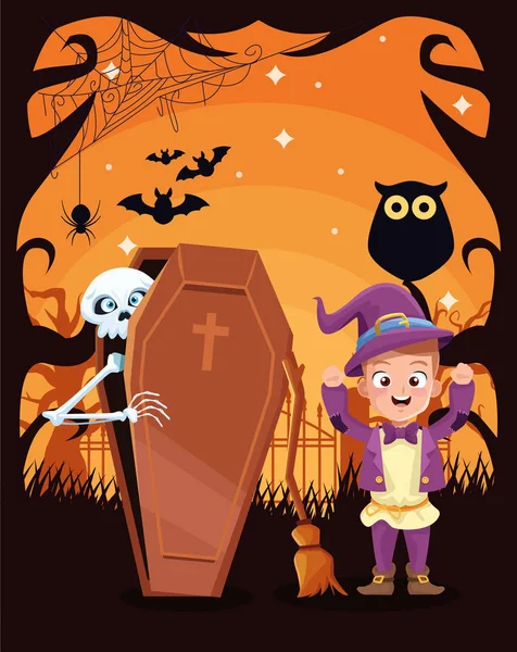 Halloween tmavá scéna s dětským kouzelník převlek — Stockový vektor