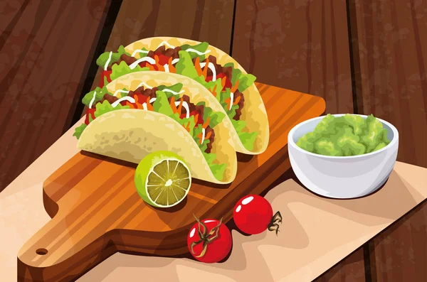 Leckeres mexikanisches Essen mit Taco und Avocado — Stockvektor