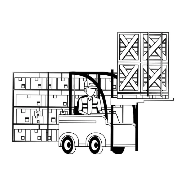 Conceito de trabalho de logística de trabalhador de armazém em preto e branco — Vetor de Stock
