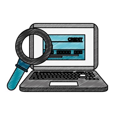 Kredi kartı karalama ile dizüstü bilgisayarda büyüteç büyüteç