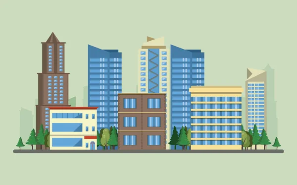 Edificios urbanos con pancarta de paisaje urbano — Vector de stock