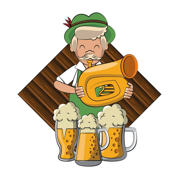Trombeta homem bávaro e copos de cerveja — Vetor de Stock