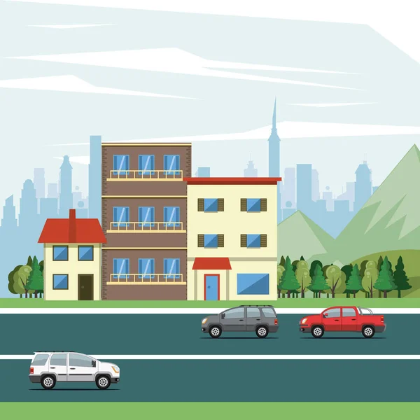 Edificios urbanos con paisaje urbano — Vector de stock