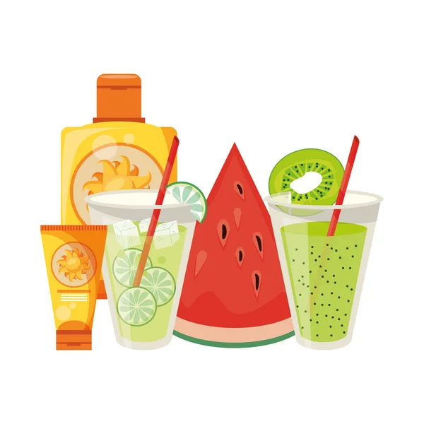 Lemonade and kiwi juice with sun bronzer bottles and watermelon — Stock Vector