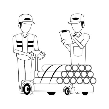 Malı siyah beyaz olan depo çalışanları.