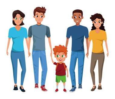 Çocuklu aile genç ebeveynler karikatür