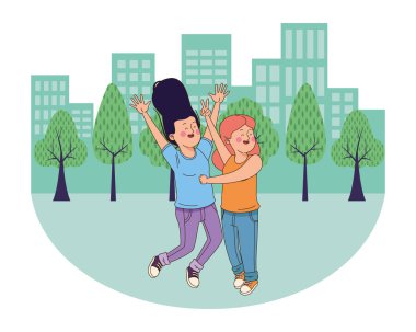 Gençler arkadaşlar gülümseyen ve eğlenceli karikatür sahip