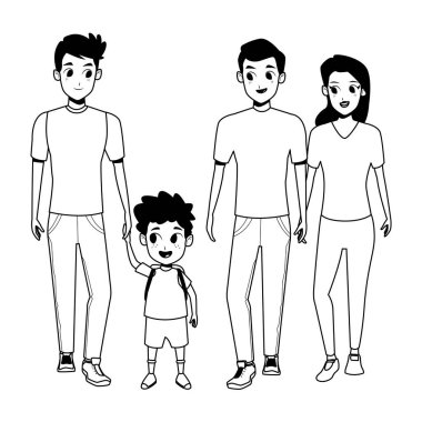 Siyah beyaz çocuklu aile genç ebeveynler karikatür
