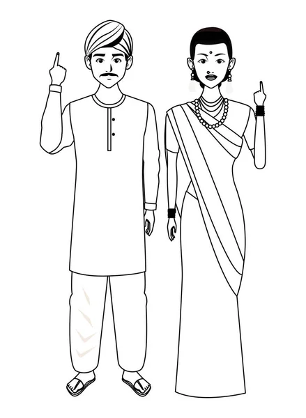 Indische Familie Avatar Cartoon-Figur in schwarz und weiß — Stockvektor