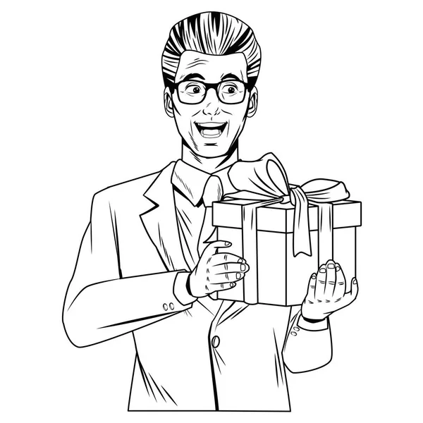 Avatar hombre con caja de regalo en arte pop blanco y negro — Vector de stock