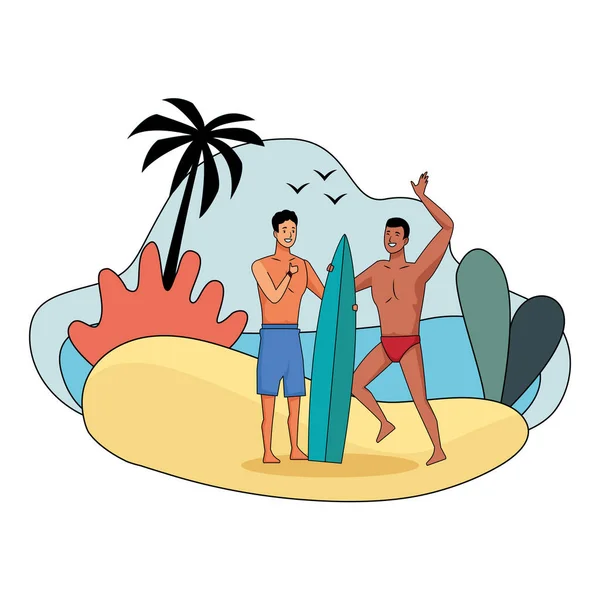 Hombres jóvenes en dibujos animados hora de verano — Vector de stock