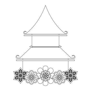 Siyah-beyaz Çin Asyalı bina karikatürü.