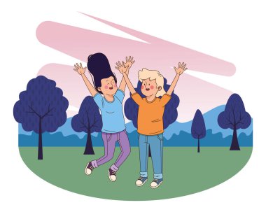 Gençler arkadaşlar gülümseyen ve eğlenceli karikatür sahip