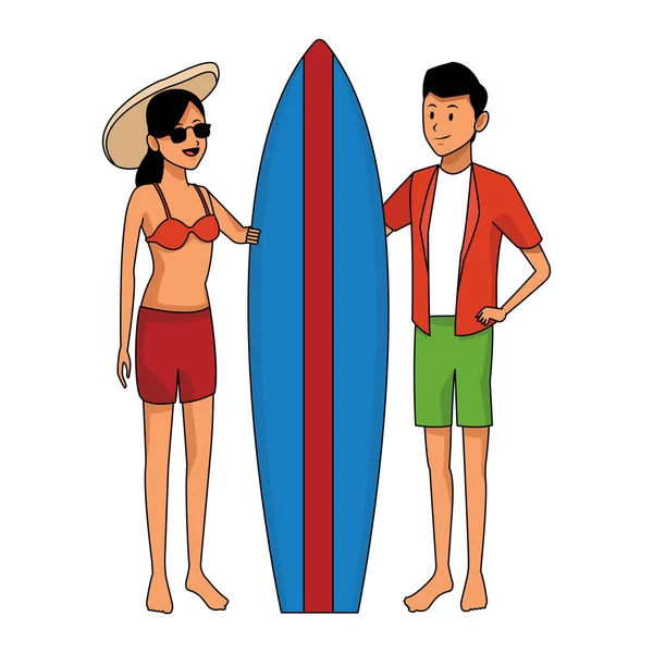 Jeune couple avec table de surf dessin animé — Image vectorielle