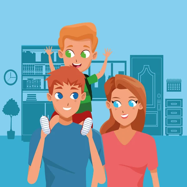 Familie jonge ouders met kinderen cartoon — Stockvector