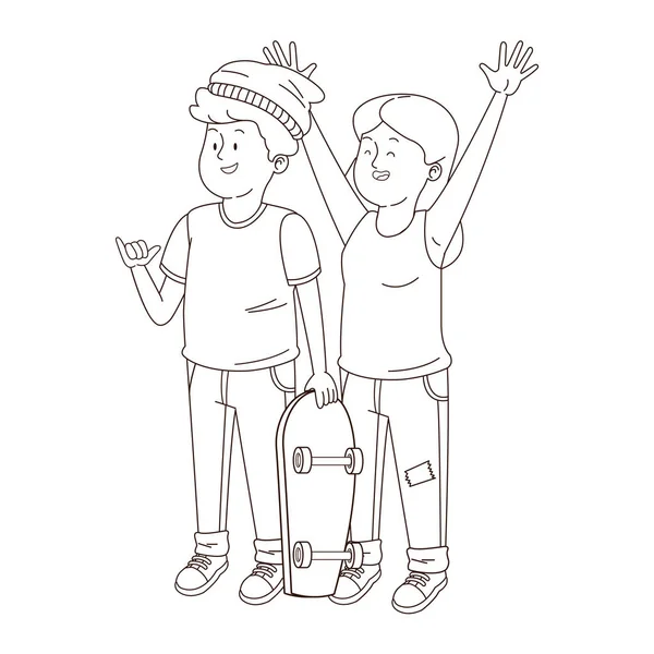 Adolescents amis souriant et saluant en noir et blanc — Image vectorielle