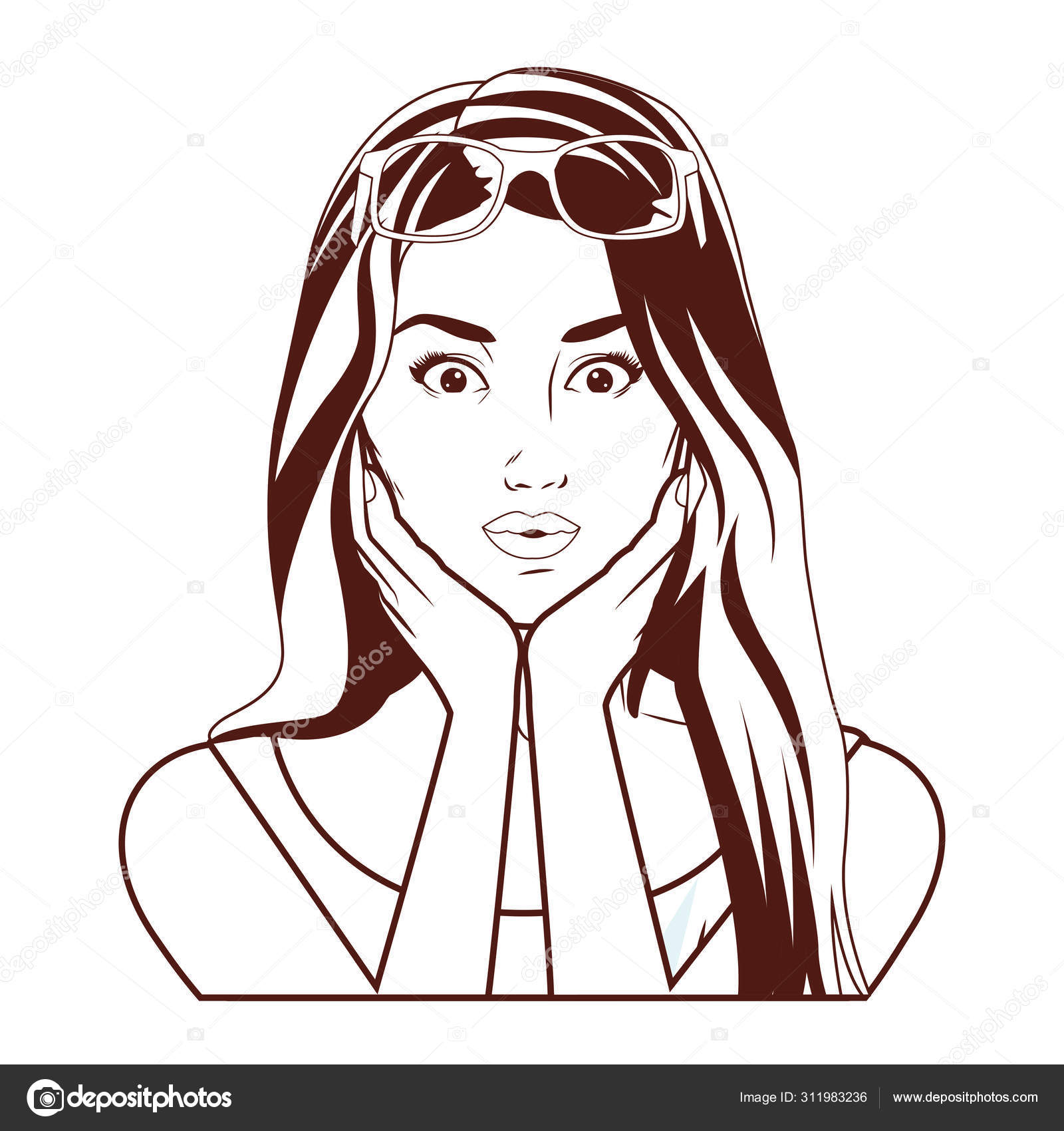 팝 아트 아름다운 여자 얼굴 미소 만화 에 흑백 스톡 벡터 - ©jemastock 311983236, image size:1600x1700