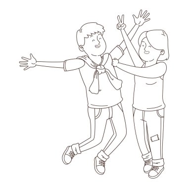 Gençler arkadaşlar gülümseyen ve siyah beyaz eğlenceli karikatür sahip