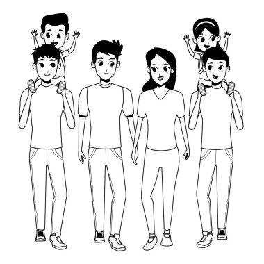 Siyah beyaz çocuklu aile genç ebeveynler karikatür