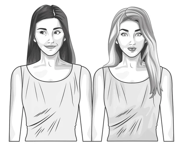Pop art femmes modèles sourire dessin animé en noir et blanc — Image vectorielle