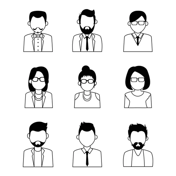 Set of people faceless characters icons in black and white — Stock Vector