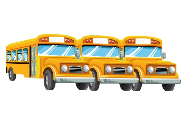 School buses parked frontview isolated cartoon — 스톡 벡터