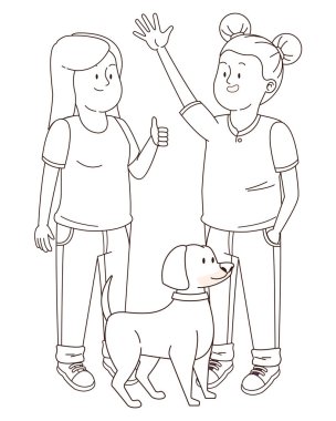 Gençler arkadaşlar gülümseyen ve siyah beyaz eğlenceli karikatür sahip