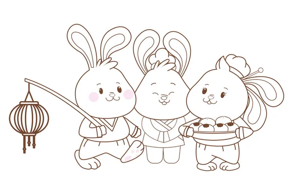 Conejos celebrando caricaturas del festival de mediados de otoño en blanco y negro — Archivo Imágenes Vectoriales