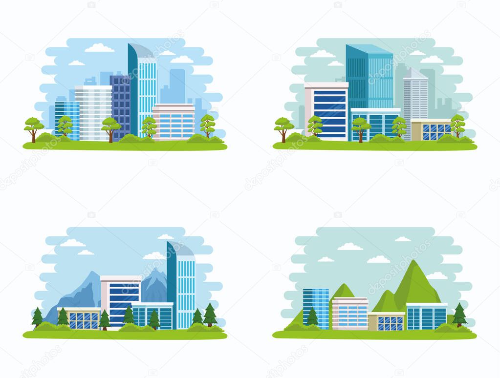 Set of Cityscape buildings and nature scenery