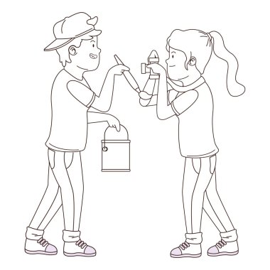 Gençler arkadaşlar gülümseyen ve siyah beyaz eğlenceli karikatür sahip