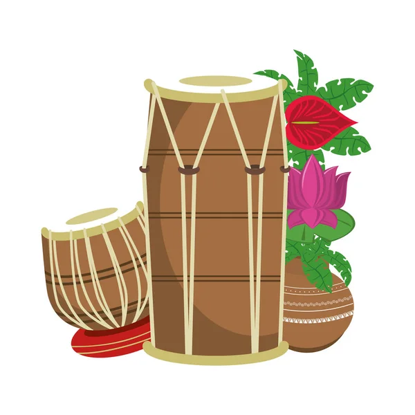 Indian tabla drums with lotus flower — 스톡 벡터