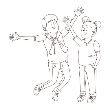 Gençler arkadaşlar gülümseyen ve siyah beyaz eğlenceli karikatür sahip