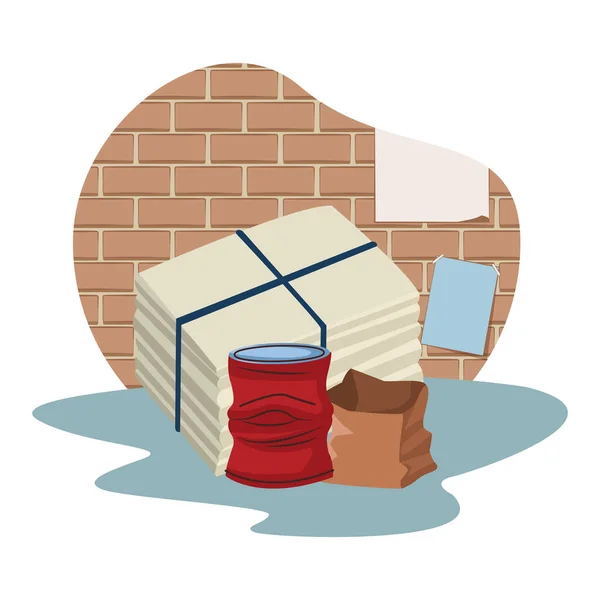 Crumpled lata e desenho animado ícone de papel — Vetor de Stock
