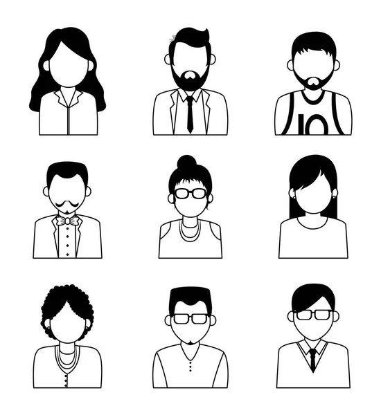 Conjunto de iconos de personajes sin rostro en blanco y negro — Vector de stock