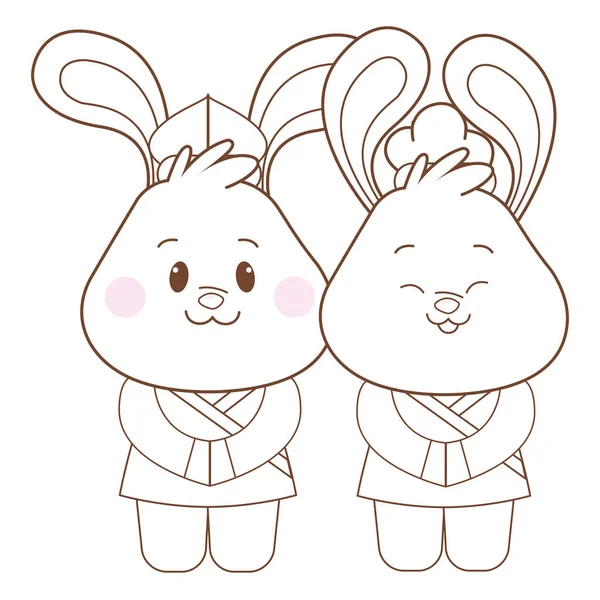 Kaninchen mitten im Herbstfest Cartoons in schwarz-weiß — Stockvektor