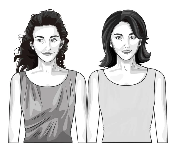 Pop art modele kobiet uśmiechnięta kreskówka w czerni i bieli — Wektor stockowy