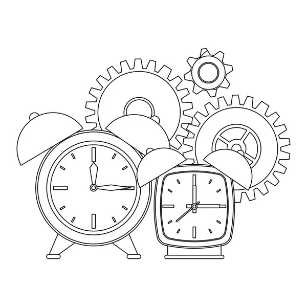 Horloges de temps montre alarme dessin animé en noir et blanc — Image vectorielle