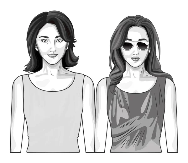 Pop art ženy modely s úsměvem karikatura v černé a bílé — Stockový vektor