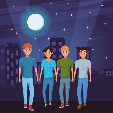 Genç arkadaşlar rahat giysiler karikatürler ile gülümseyen