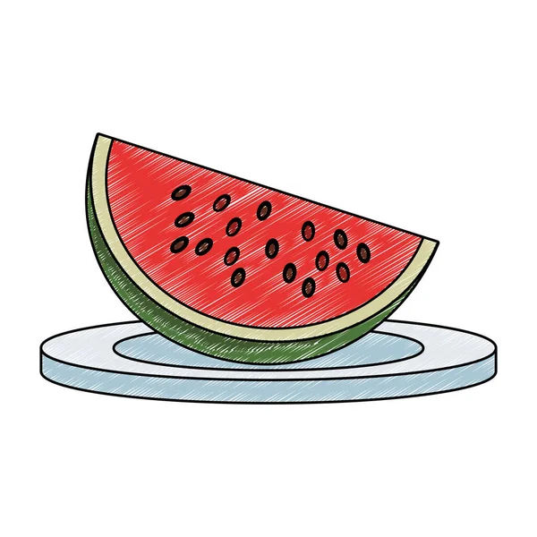 Wassermelone in Scheiben geschnitten auf Teller kritzeln — Stockvektor