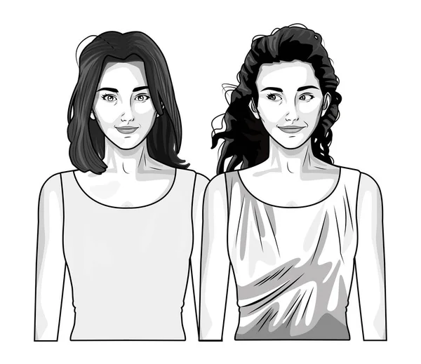 Pop arte mulheres bonitas sorrindo desenhos animados em preto e branco —  Vetores de Stock