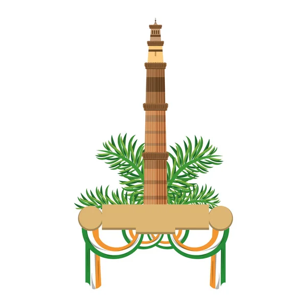 Emblema de la torre india con hojas y pancarta con banderas — Vector de stock