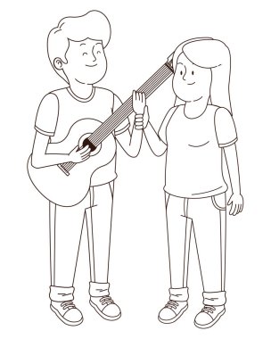 Gençler arkadaşlar gülümseyen ve siyah beyaz eğlenceli karikatür sahip