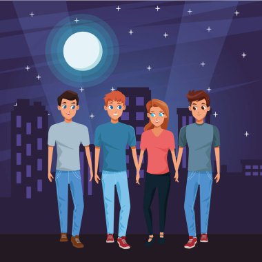 Genç arkadaşlar rahat giysiler karikatürler ile gülümseyen