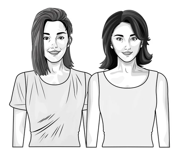 Arte pop hermosas mujeres sonriendo dibujos animados en blanco y negro — Vector de stock