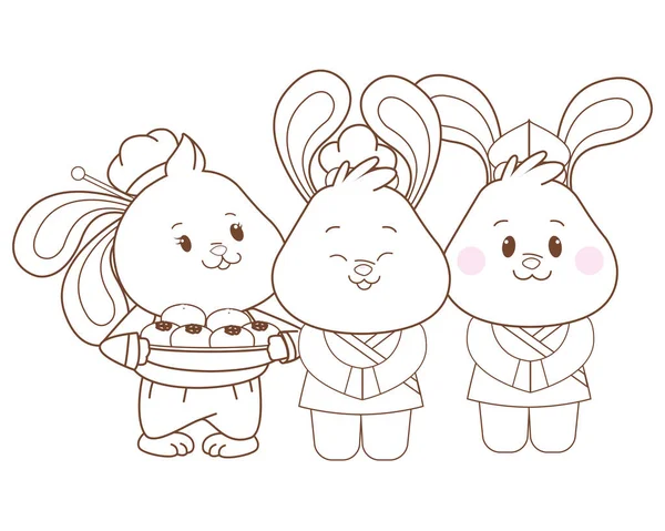 用黑白漫画庆祝中秋节的兔子 — 图库矢量图片